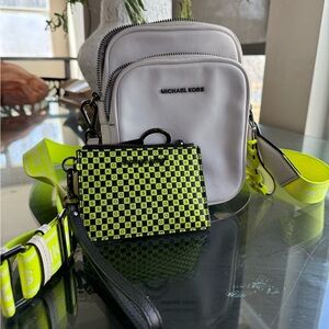 Michael Kors White Leather Crossbody with Neon Checkered Wristlet